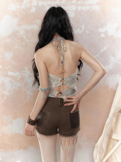 Steampunk Glitter Glitch Halter Top V Neck T Shirt Long Sleeve