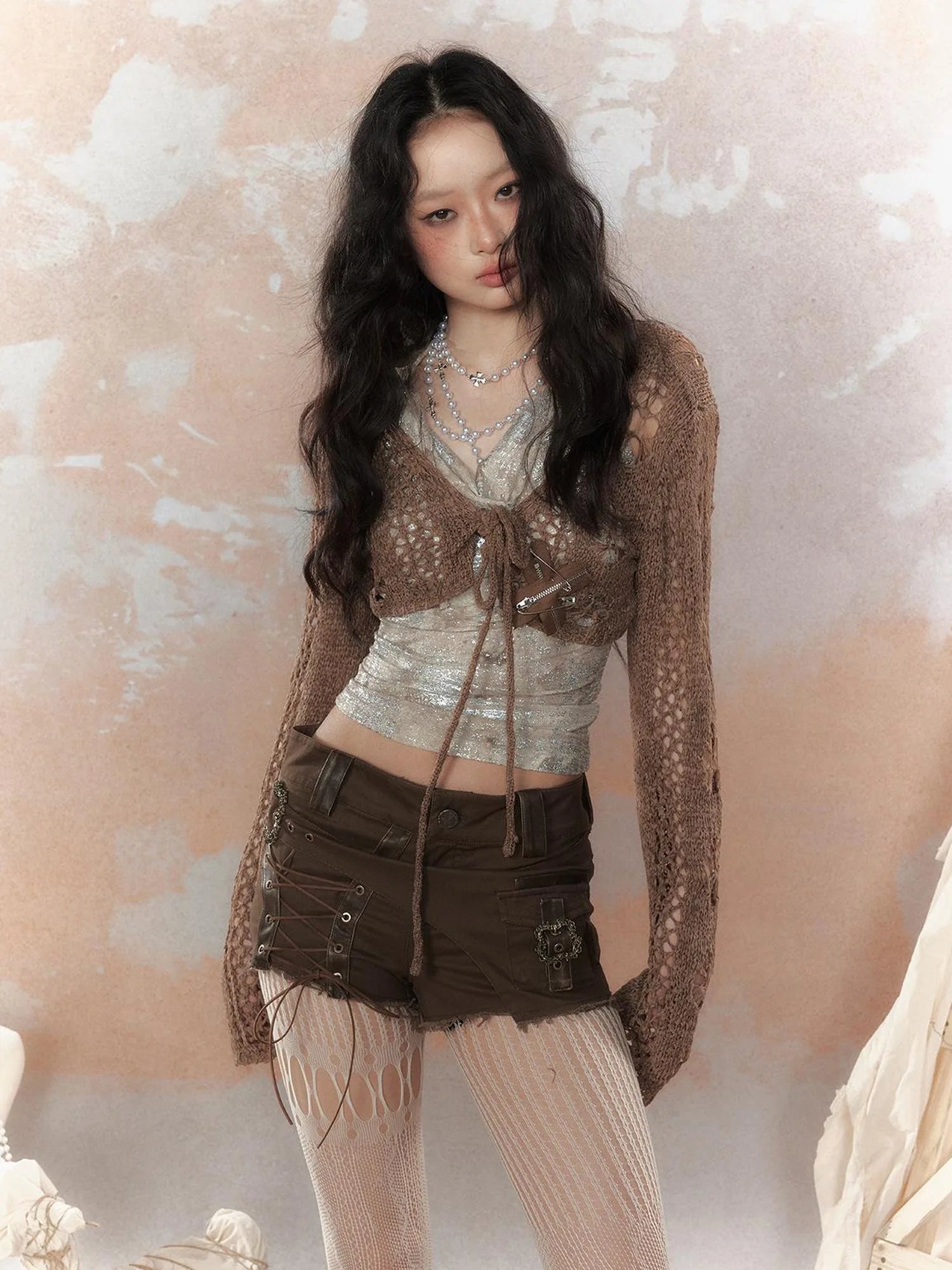 Steampunk Glitter Glitch Halter Top V Neck T Shirt Long Sleeve