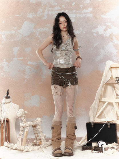 ALL iN plan Steampunk Glitter Glitch Halter Top V-Neck T-Shirt Long Sleeve