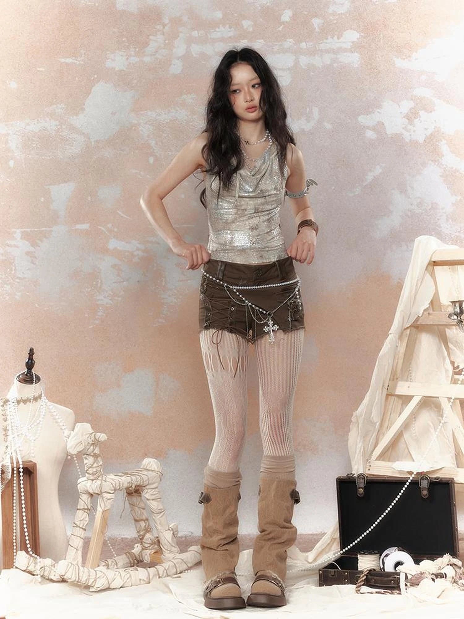 Steampunk Glitter Glitch Halter Top V Neck T Shirt Long Sleeve