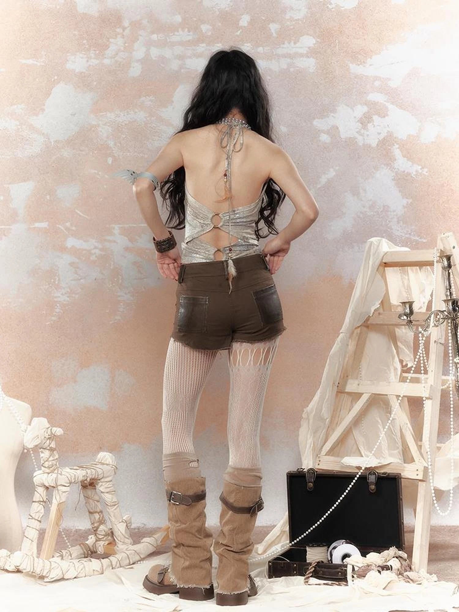 Steampunk Glitter Glitch Halter Top V Neck T Shirt Long Sleeve