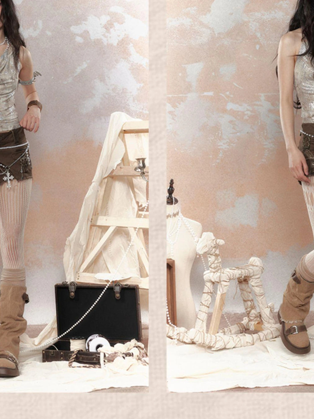 Steampunk Glitter Glitch Halter Top V Neck T Shirt Long Sleeve