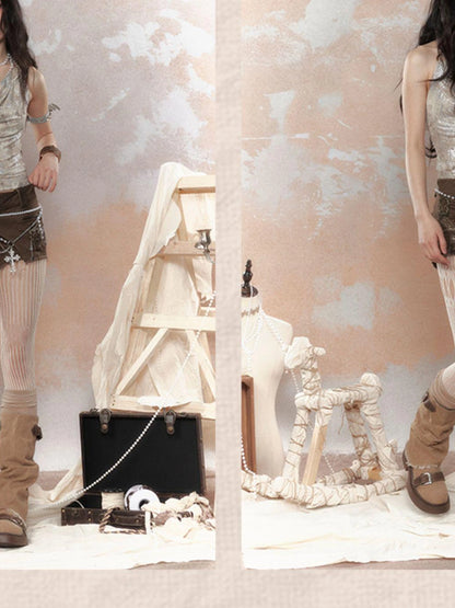 Steampunk Glitter Glitch Halter Top V Neck T Shirt Long Sleeve