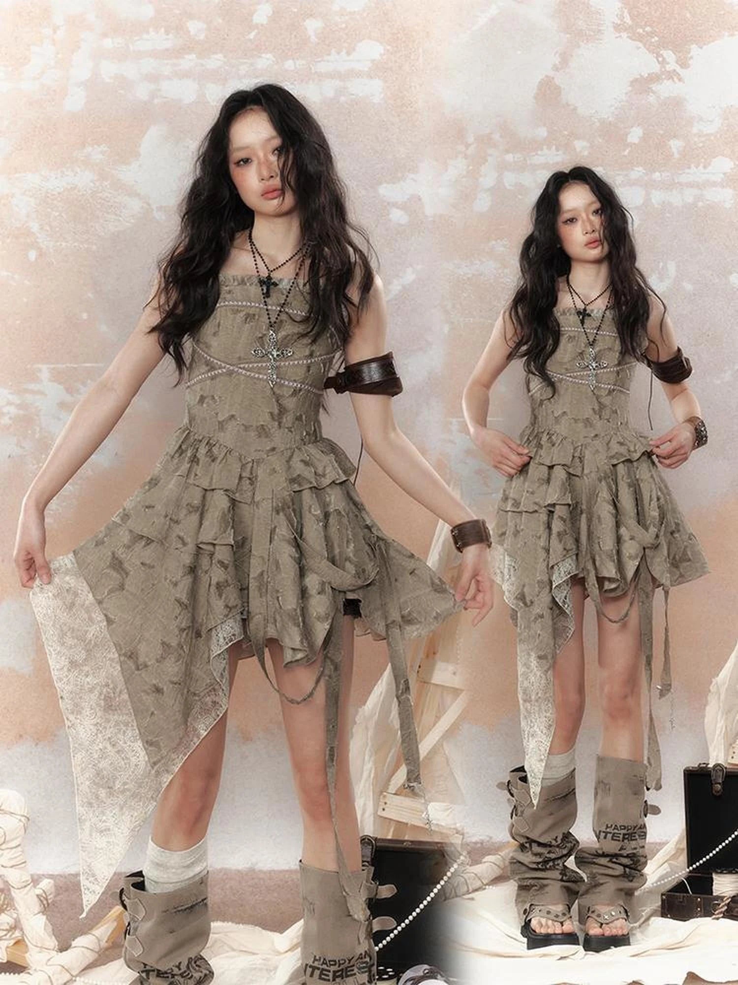 Steampunk Lace Asymmetric Mini Dress V Neck T Shirt Long Sleeve