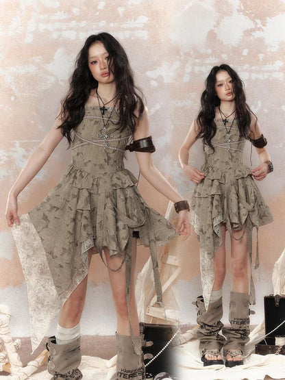 Steampunk Lace Asymmetric Mini Dress V Neck T Shirt Long Sleeve