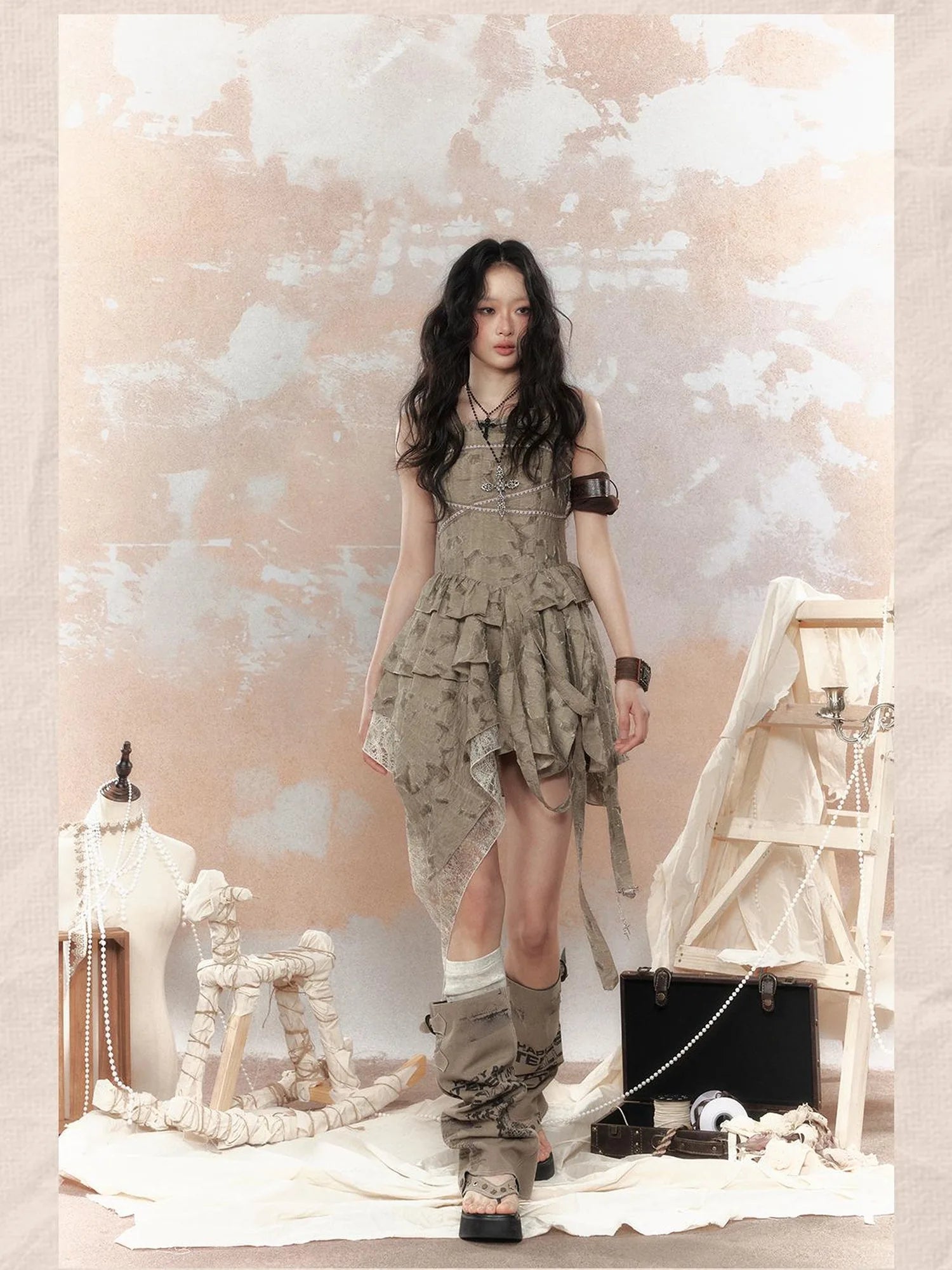 Steampunk Lace Asymmetric Mini Dress V Neck T Shirt Long Sleeve