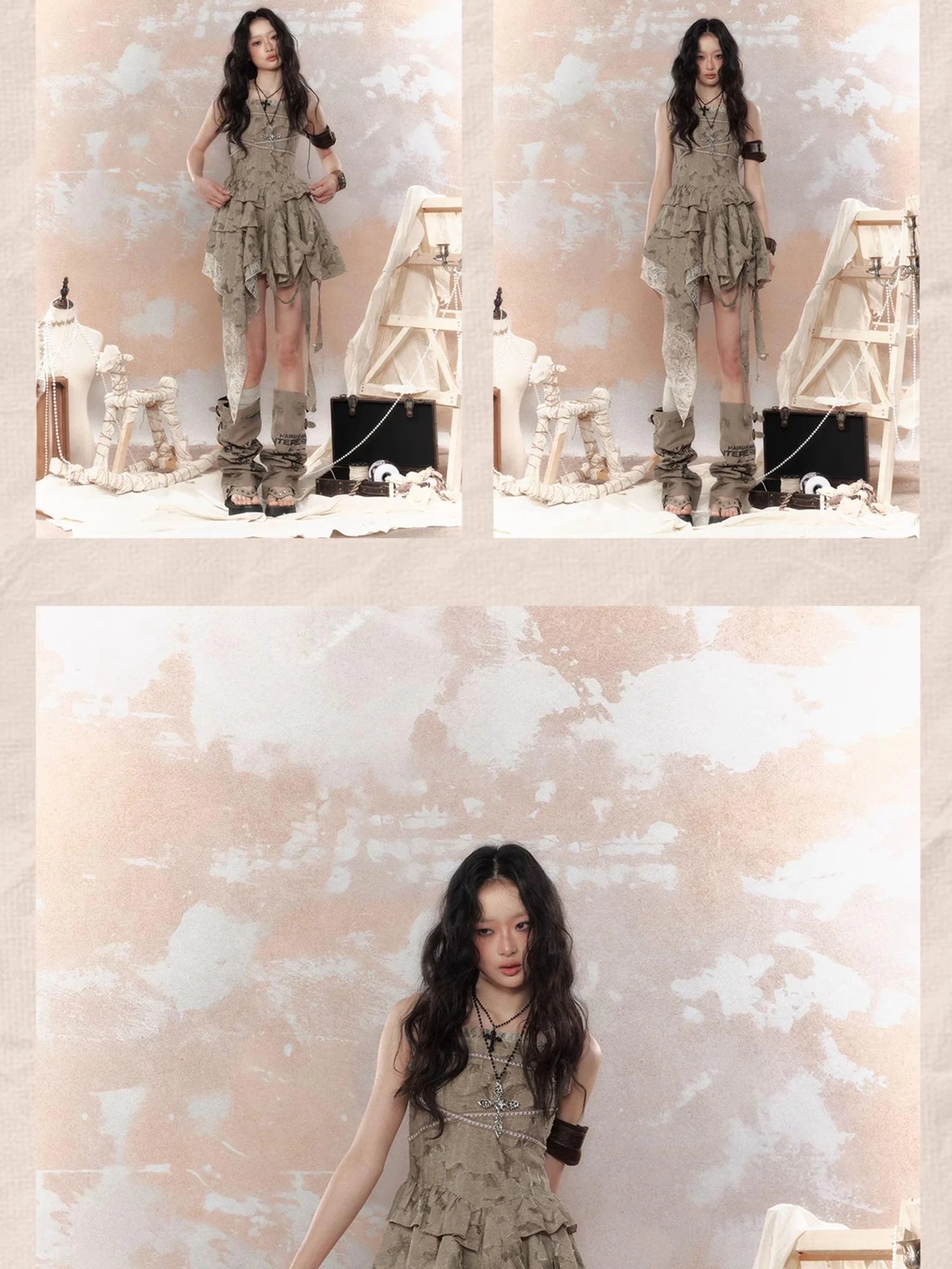 Steampunk Lace Asymmetric Mini Dress V Neck T Shirt Long Sleeve