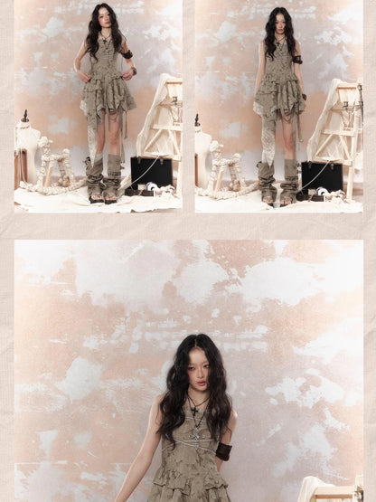 Steampunk Lace Asymmetric Mini Dress V Neck T Shirt Long Sleeve