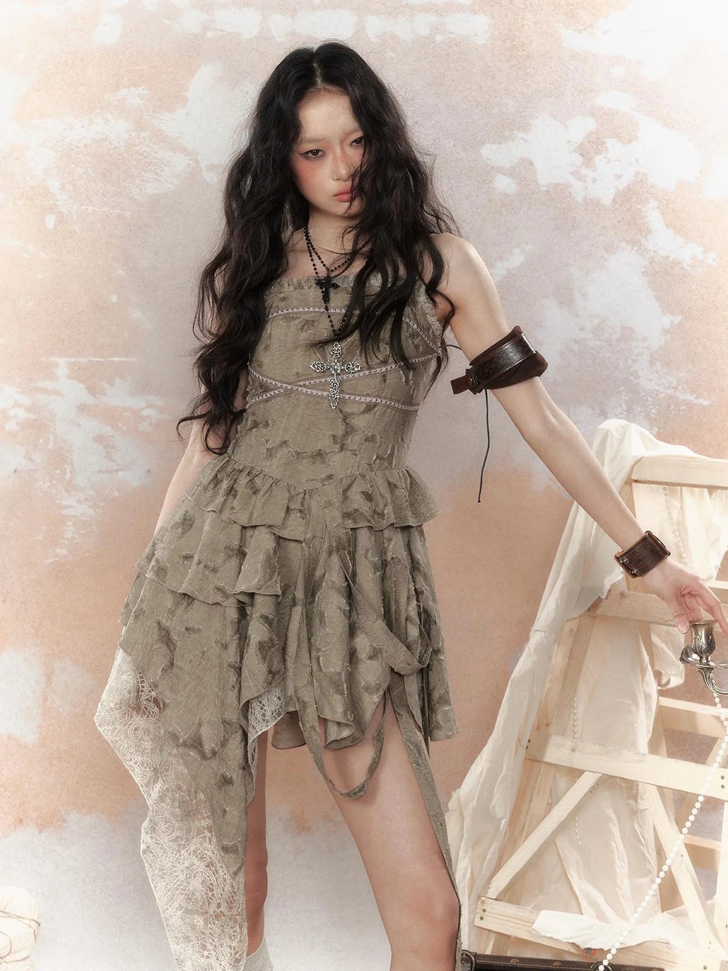 Steampunk Lace Asymmetric Mini Dress V Neck T Shirt Long Sleeve