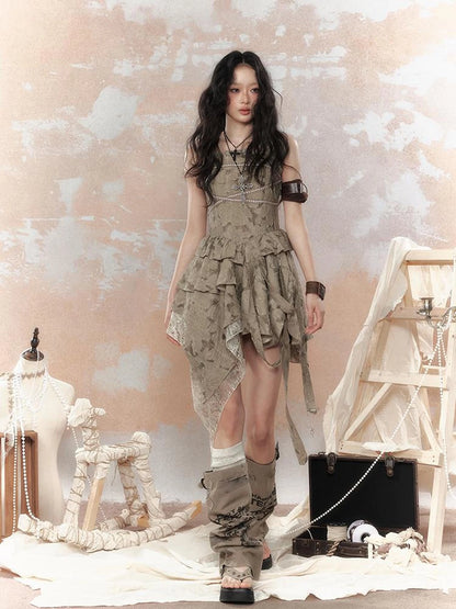 Steampunk Lace Asymmetric Mini Dress V Neck T Shirt Long Sleeve