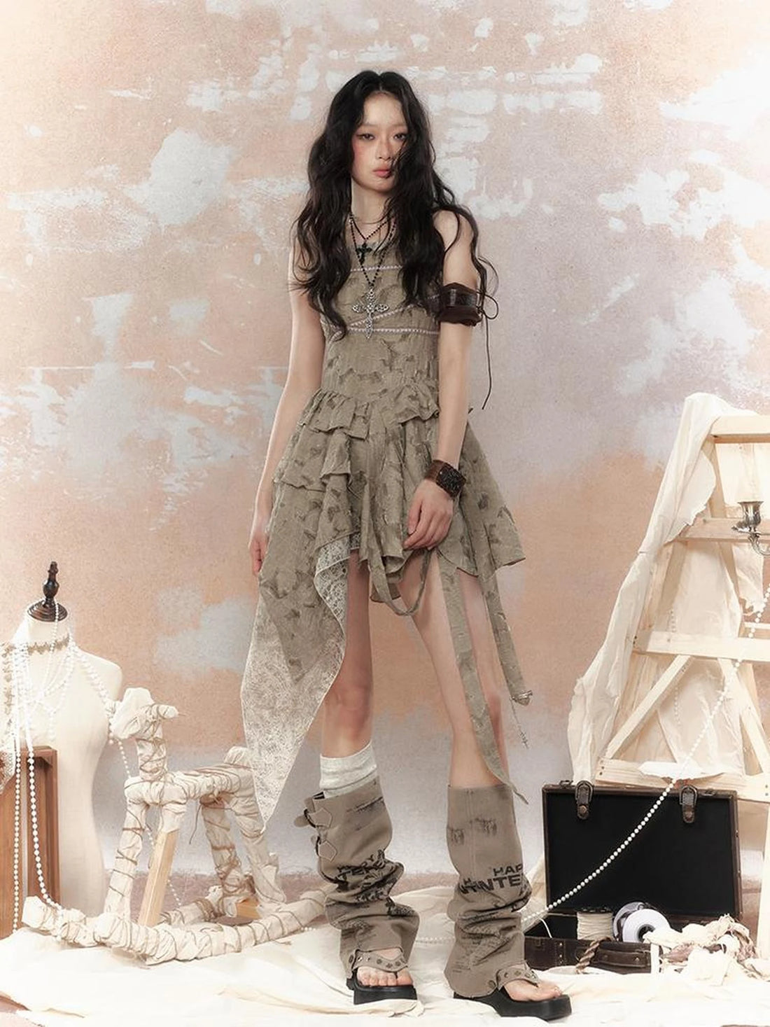 Steampunk Lace Asymmetric Mini Dress V Neck T Shirt Long Sleeve