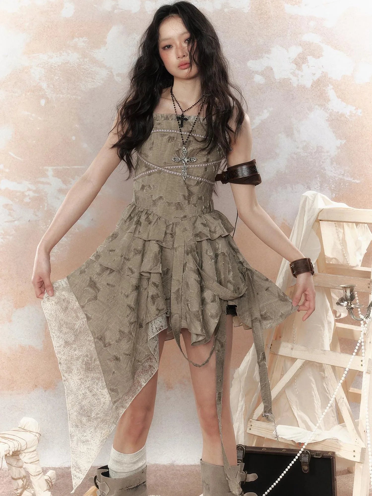 Steampunk Lace Asymmetric Mini Dress V Neck T Shirt Long Sleeve