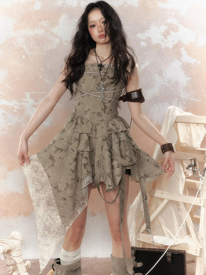 Steampunk Lace Asymmetric Mini Dress V Neck T Shirt Long Sleeve