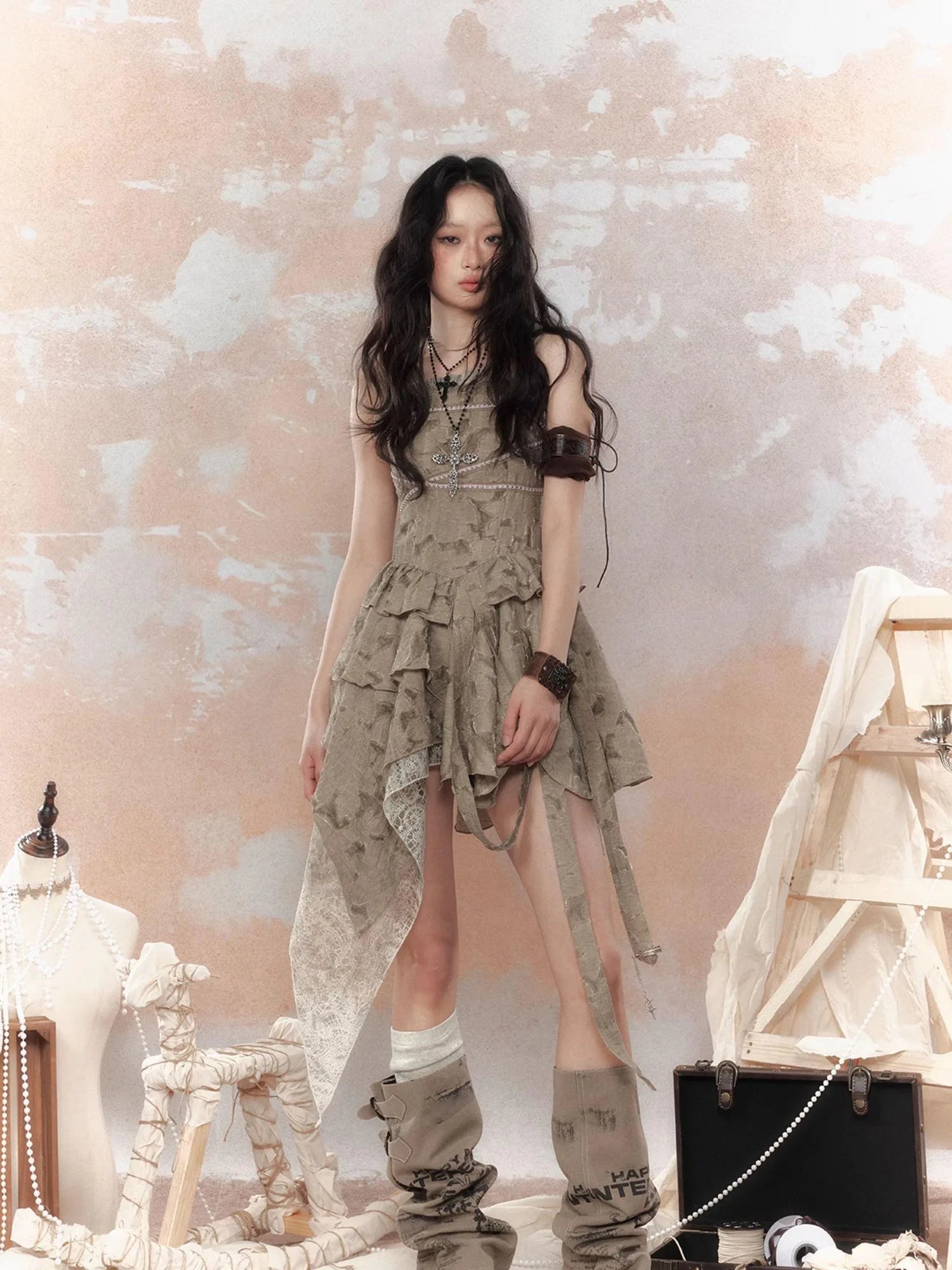 Steampunk Lace Asymmetric Mini Dress V Neck T Shirt Long Sleeve