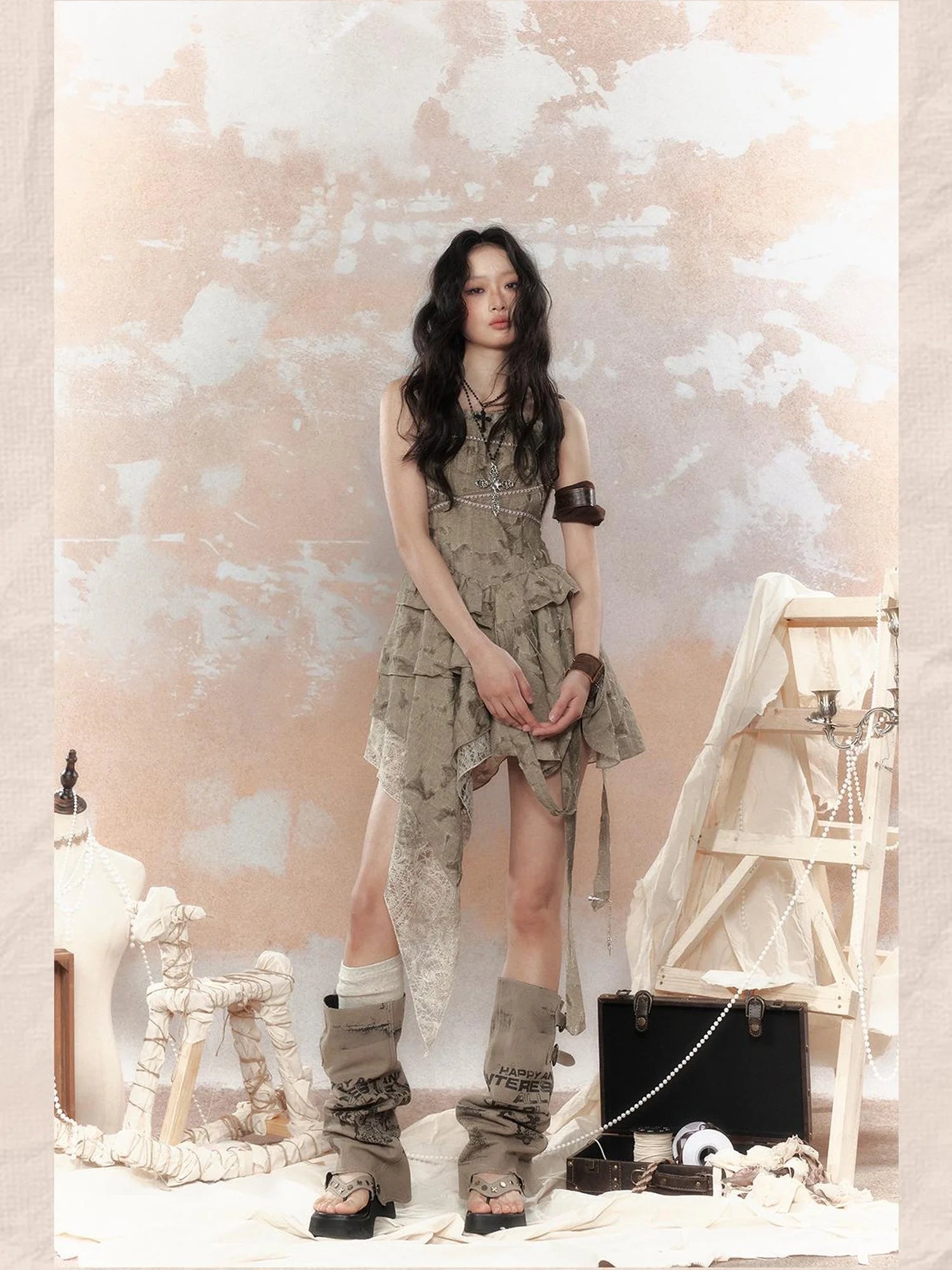 Steampunk Lace Asymmetric Mini Dress V Neck T Shirt Long Sleeve