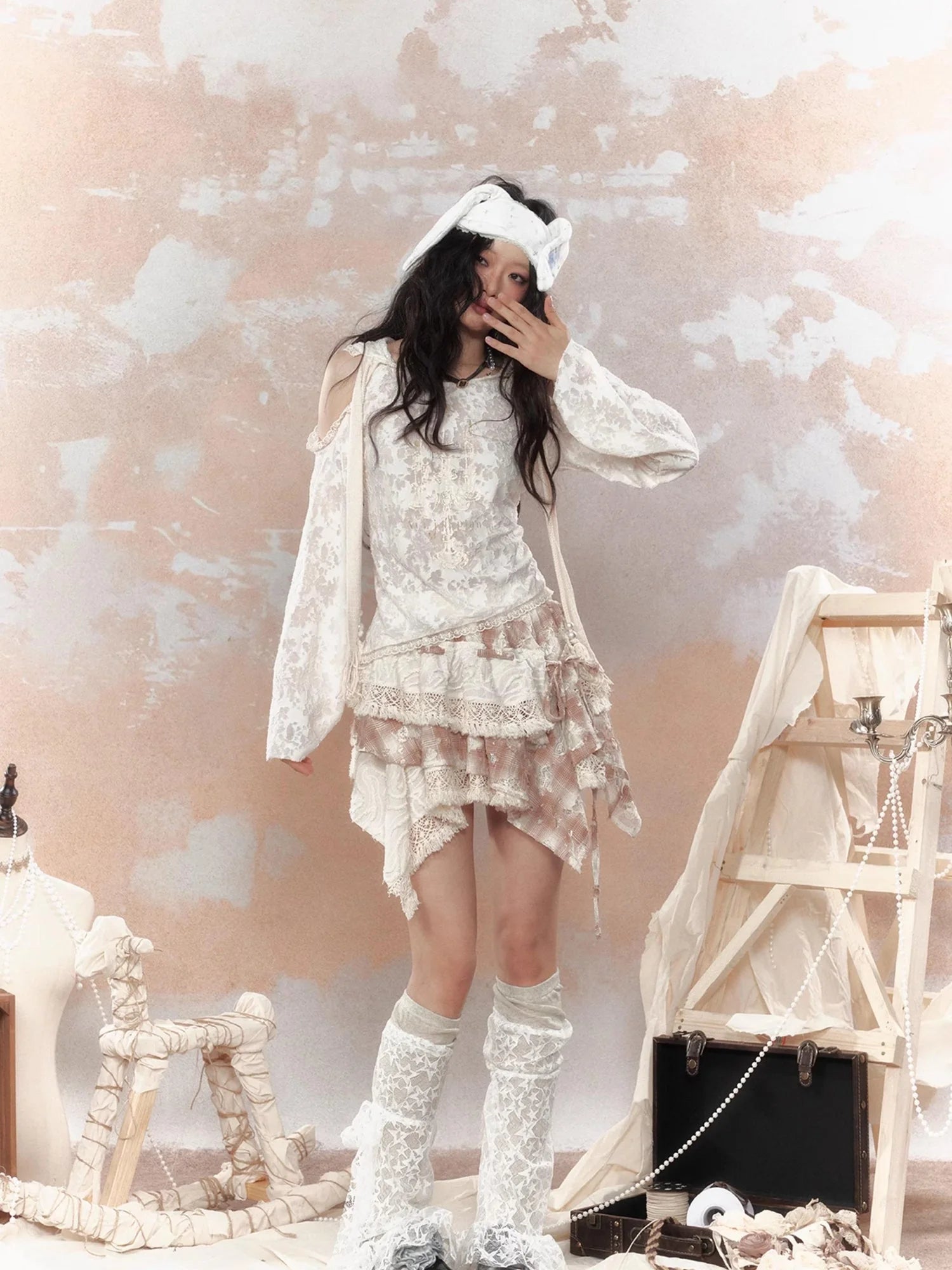 Steampunk Lace Print Hooded Top V Neck T Shirt Long Sleeve