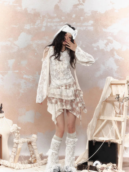 Steampunk Lace Print Hooded Top V Neck T Shirt Long Sleeve