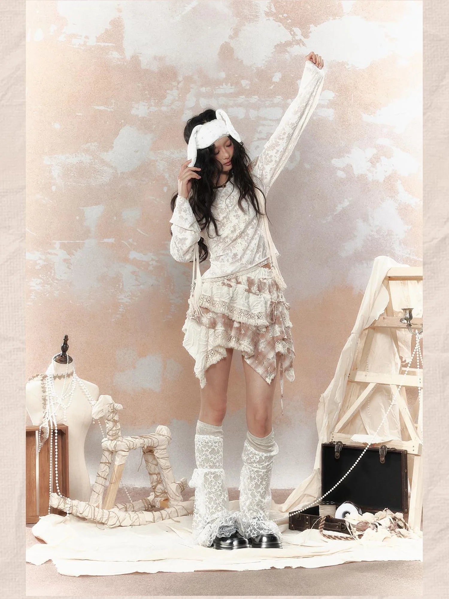 Steampunk Lace Print Hooded Top V Neck T Shirt Long Sleeve