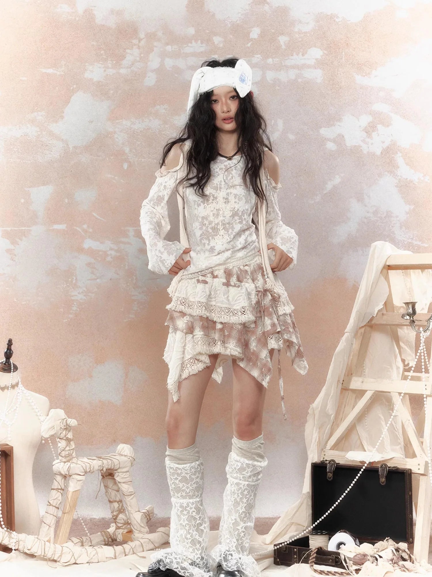 Steampunk Lace Print Hooded Top V Neck T Shirt Long Sleeve