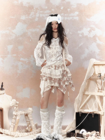 Steampunk Lace Print Hooded Top V Neck T Shirt Long Sleeve