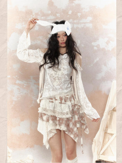 Steampunk Lace Print Hooded Top V Neck T Shirt Long Sleeve