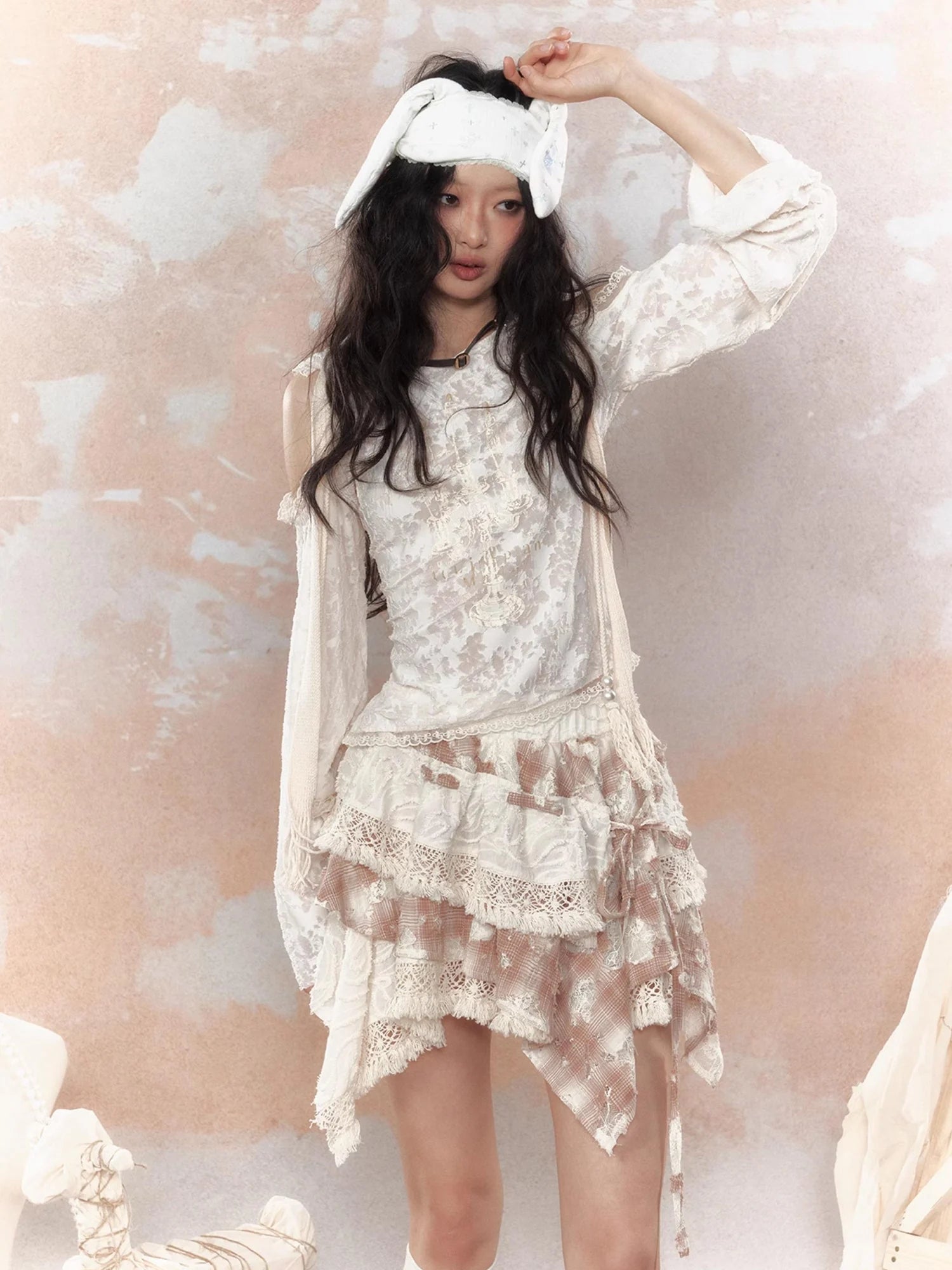 Steampunk Lace Print Hooded Top V Neck T Shirt Long Sleeve