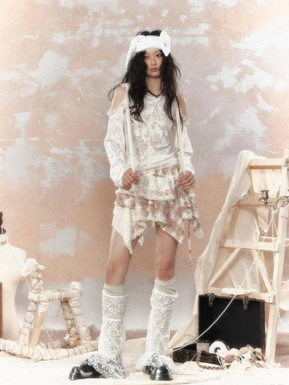 Steampunk Lace Print Hooded Top V Neck T Shirt Long Sleeve