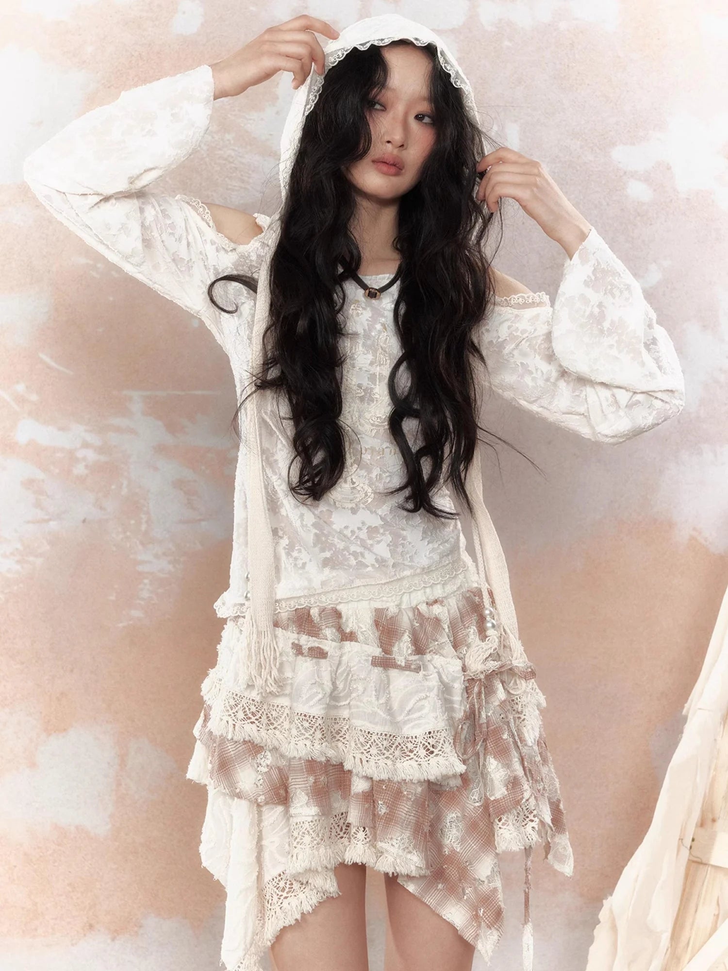 Steampunk Lace Print Hooded Top V Neck T Shirt Long Sleeve