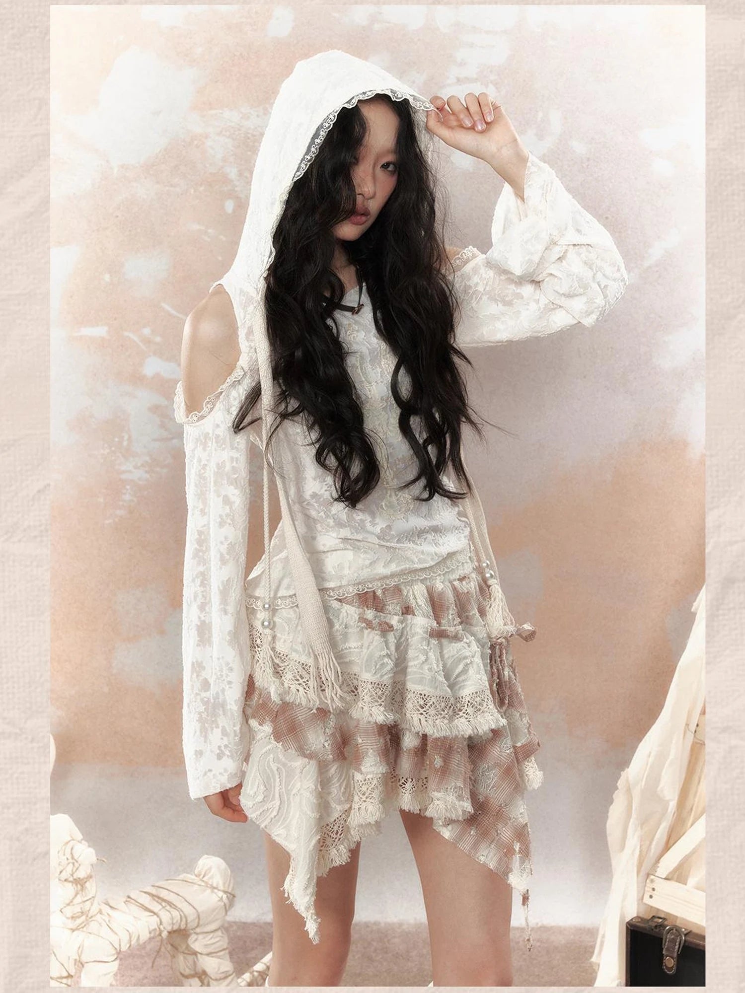 Steampunk Lace Print Hooded Top V Neck T Shirt Long Sleeve