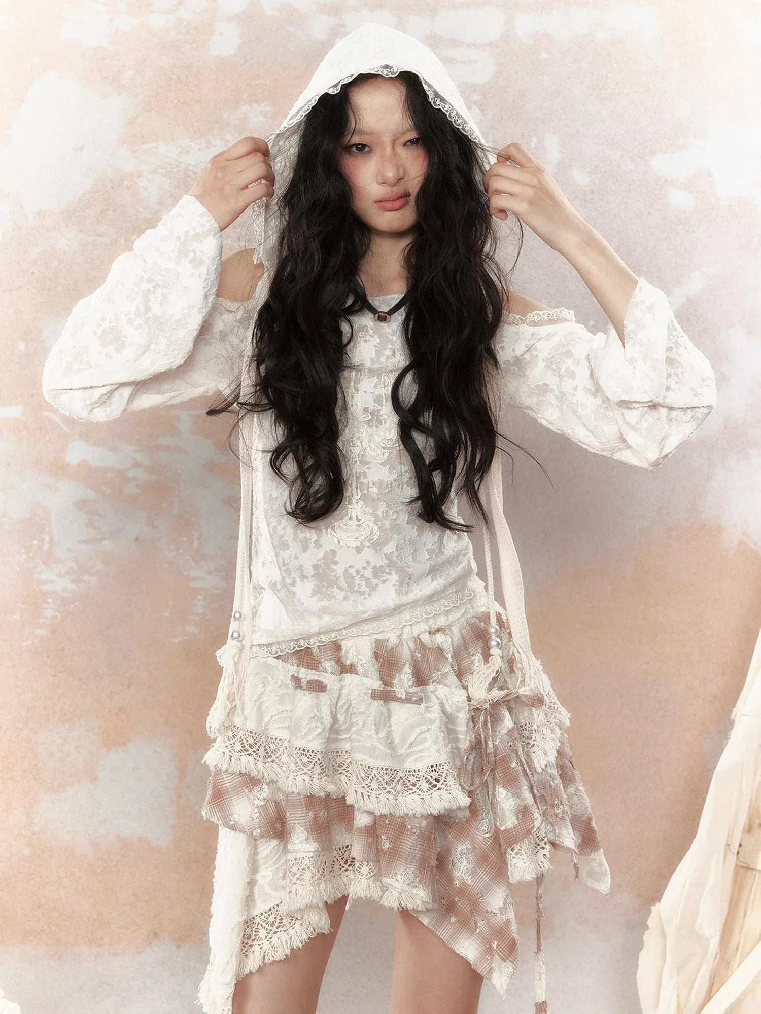 Steampunk Lace Print Hooded Top V Neck T Shirt Long Sleeve