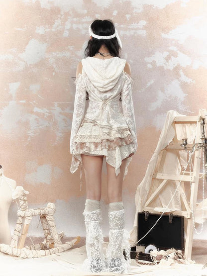 Steampunk Lace Print Hooded Top V Neck T Shirt Long Sleeve
