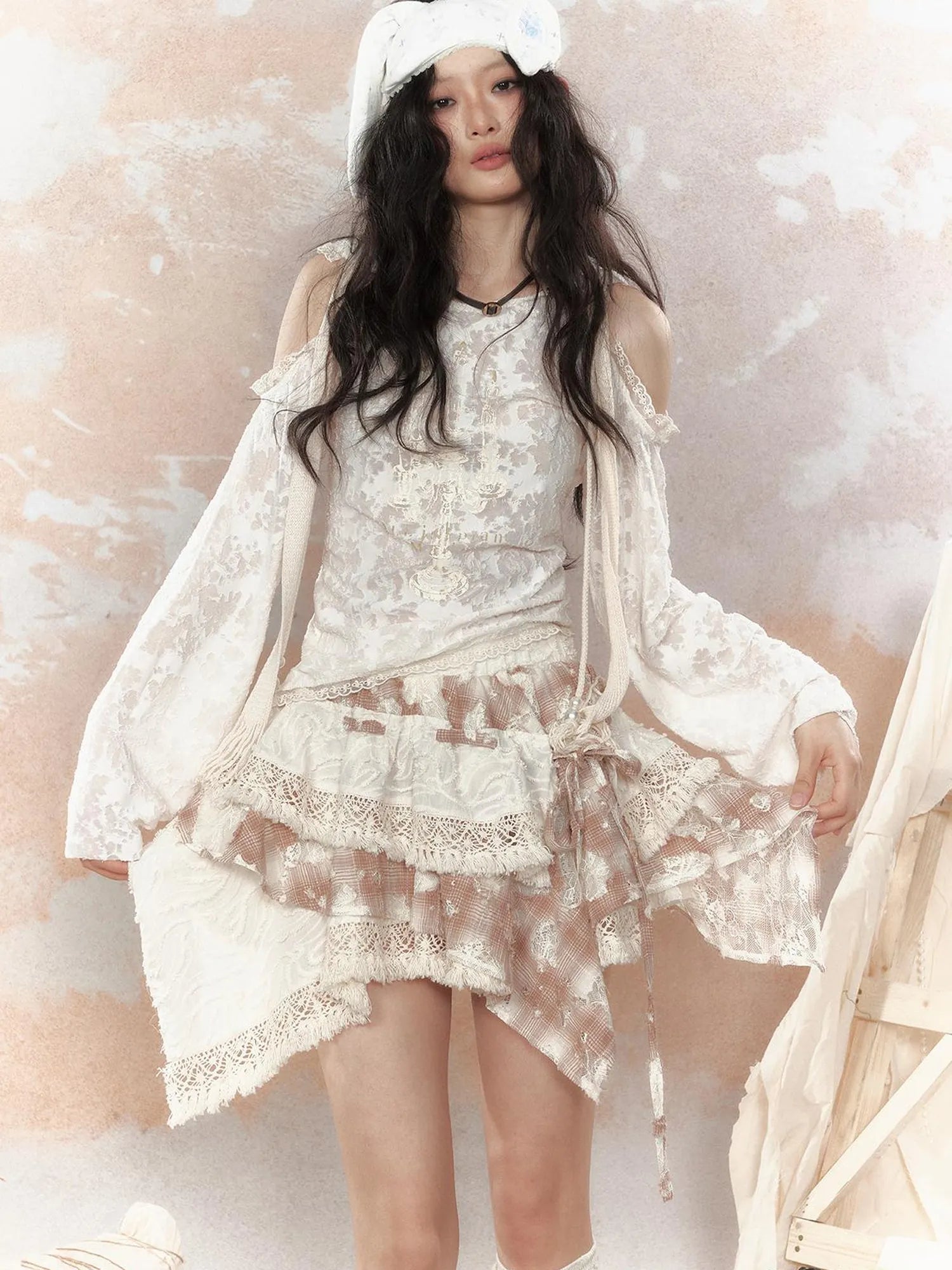 Steampunk Lace Print Hooded Top V Neck T Shirt Long Sleeve