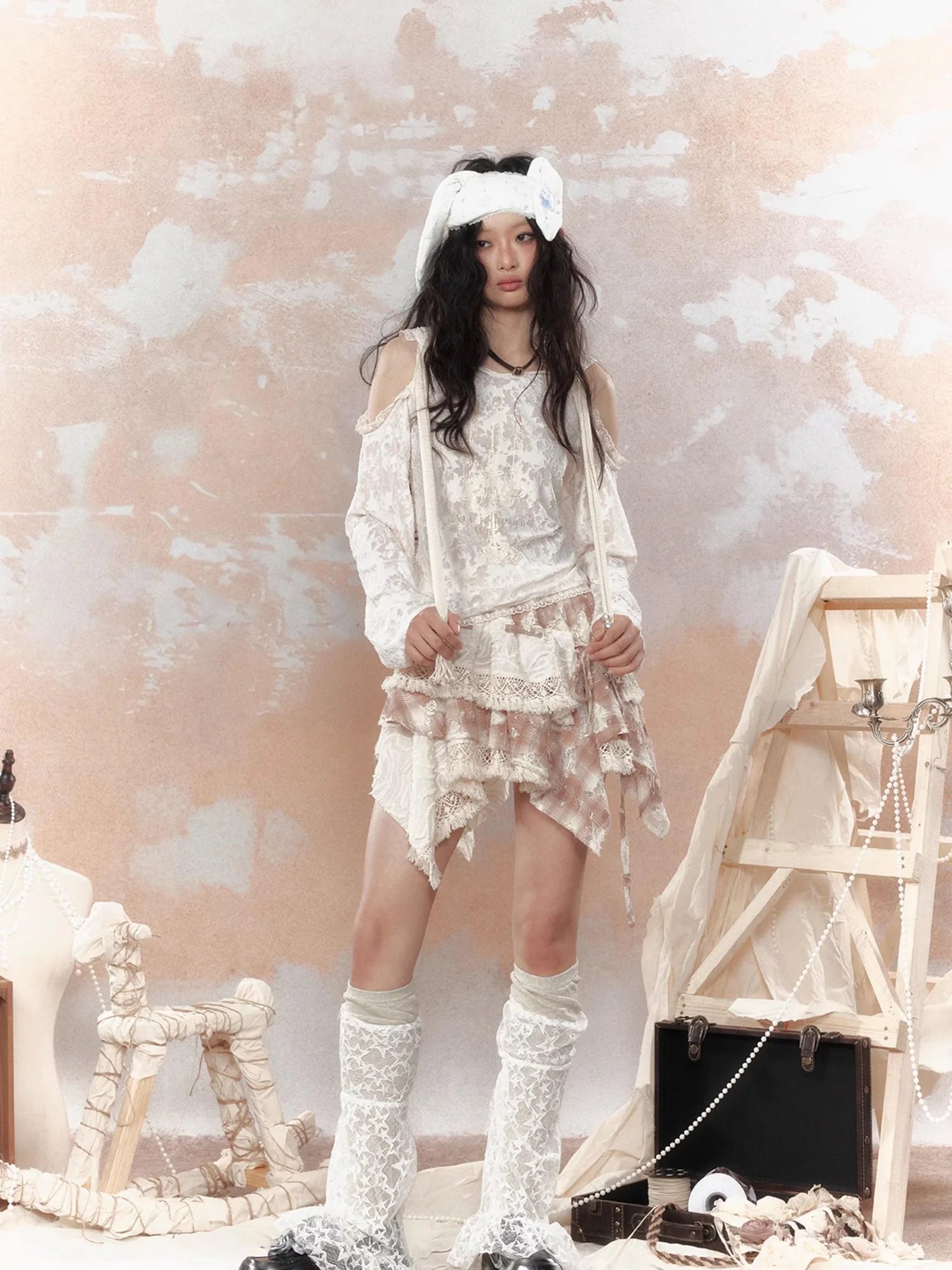 Steampunk Lace Print Hooded Top V Neck T Shirt Long Sleeve