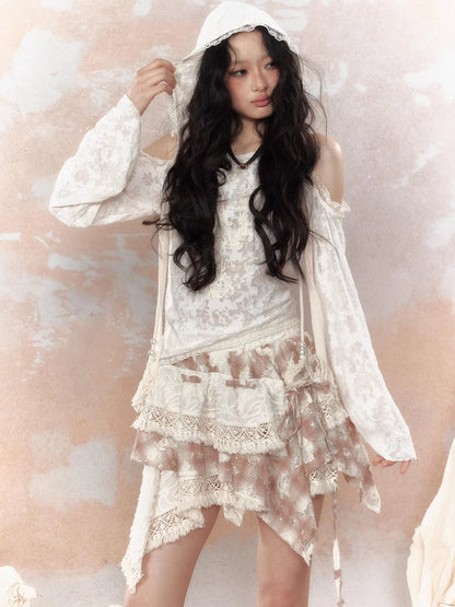 Steampunk Lace Print Hooded Top V Neck T Shirt Long Sleeve