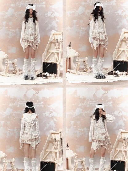 Steampunk Lace Print Hooded Top V Neck T Shirt Long Sleeve