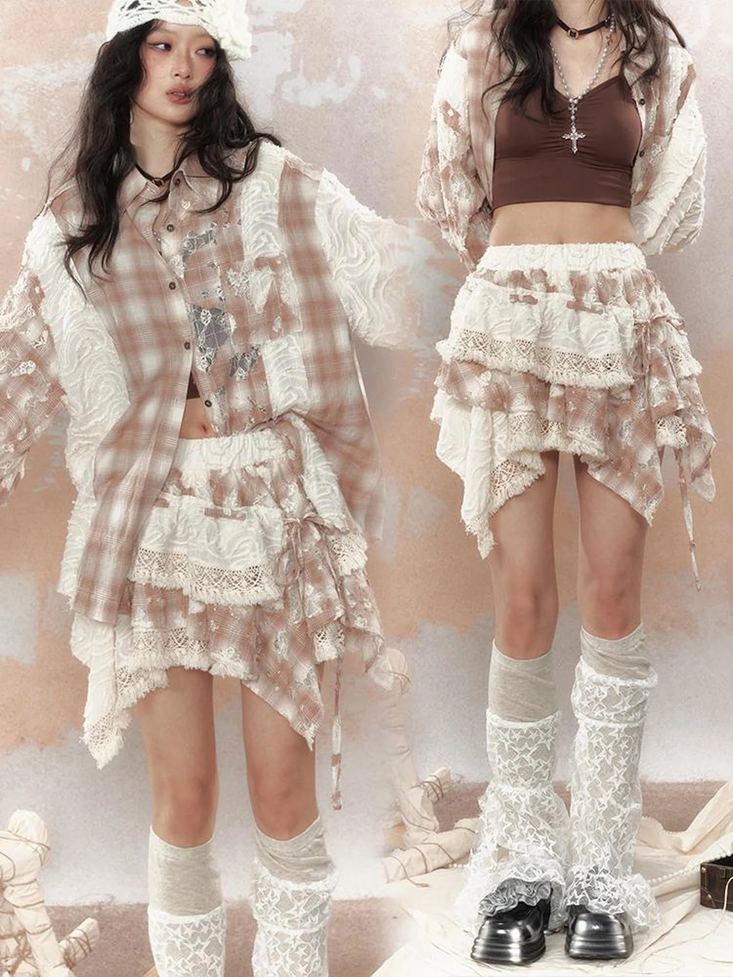 Steampunk Lace Up Plaid Mini Skirt With Asymmetrical Cutouts