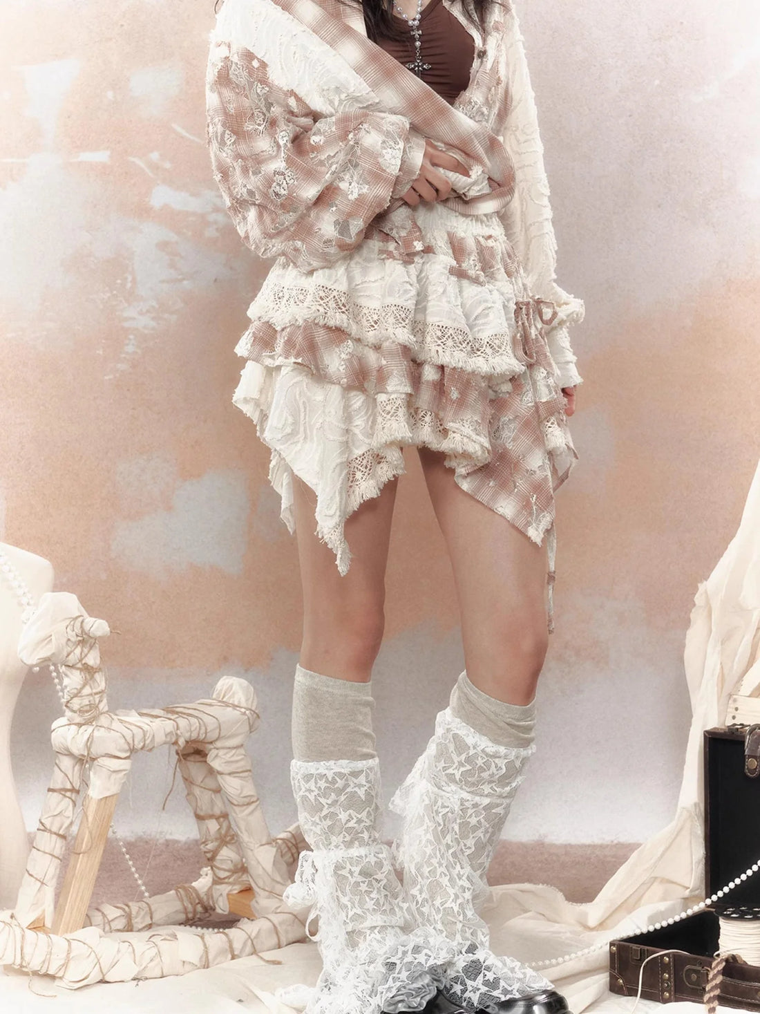 Steampunk Lace Up Plaid Mini Skirt With Asymmetrical Cutouts