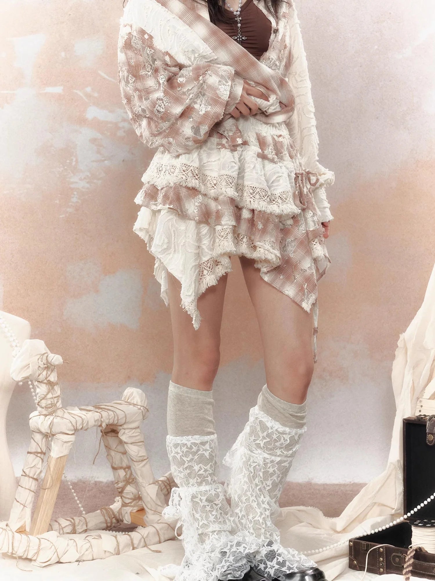 Steampunk Lace Up Plaid Mini Skirt With Asymmetrical Cutouts