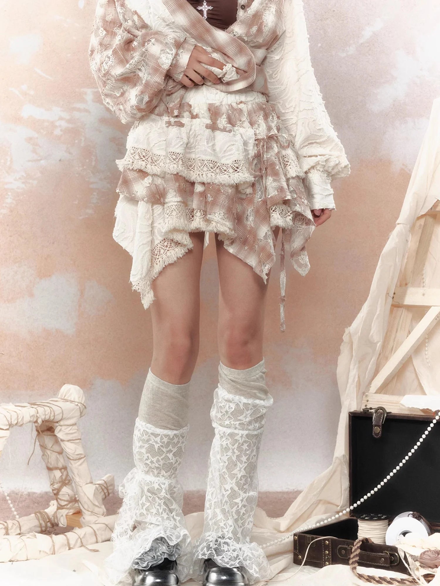 Steampunk Lace Up Plaid Mini Skirt With Asymmetrical Cutouts