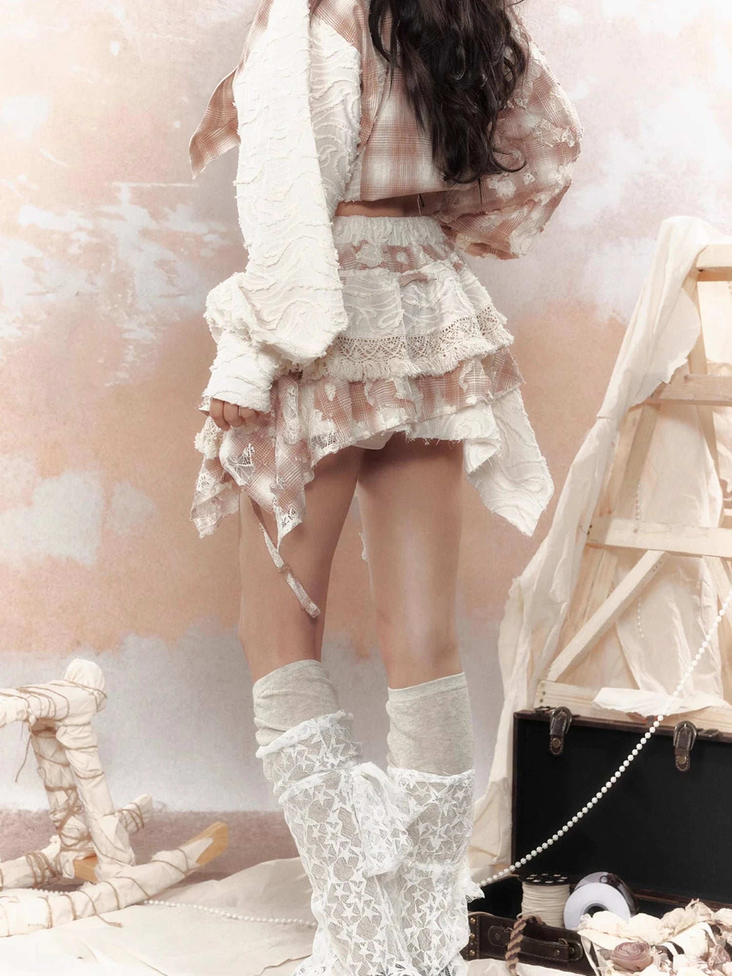 Steampunk Lace Up Plaid Mini Skirt With Asymmetrical Cutouts