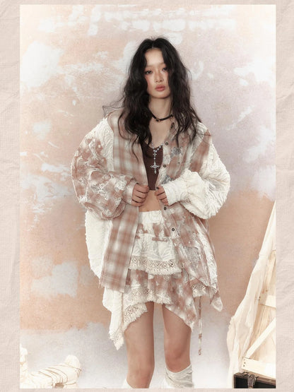 Steampunk Lace Up Plaid Mini Skirt With Asymmetrical Cutouts