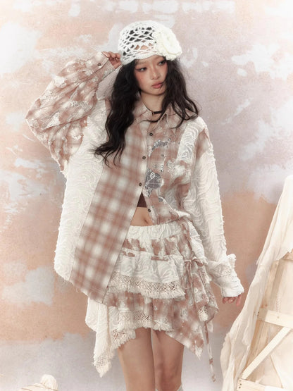 Steampunk Lace Up Plaid Mini Skirt With Asymmetrical Cutouts