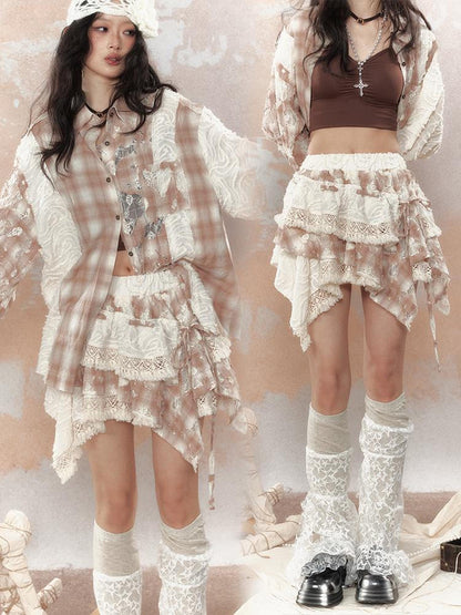 ALL iN plan Steampunk Lace Up Plaid Mini Skirt With Asymmetrical Cutouts