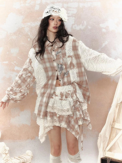 Steampunk Lace Up Plaid Mini Skirt With Asymmetrical Cutouts