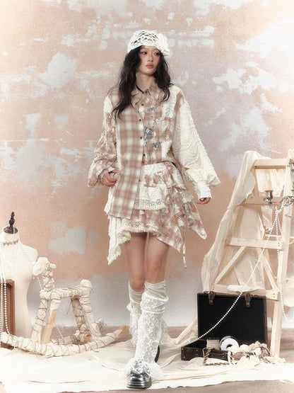 Steampunk Lace Up Plaid Mini Skirt With Asymmetrical Cutouts