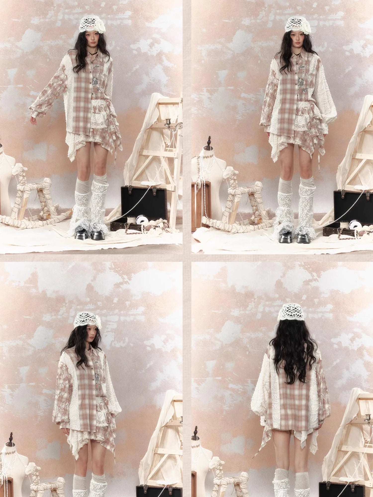 Steampunk Lace Up Plaid Mini Skirt With Asymmetrical Cutouts