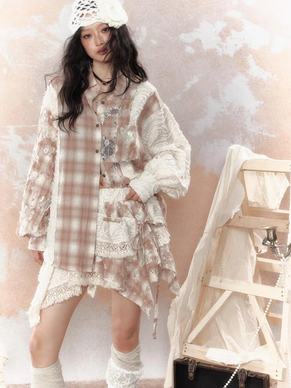 Steampunk Lace Up Plaid Mini Skirt With Asymmetrical Cutouts