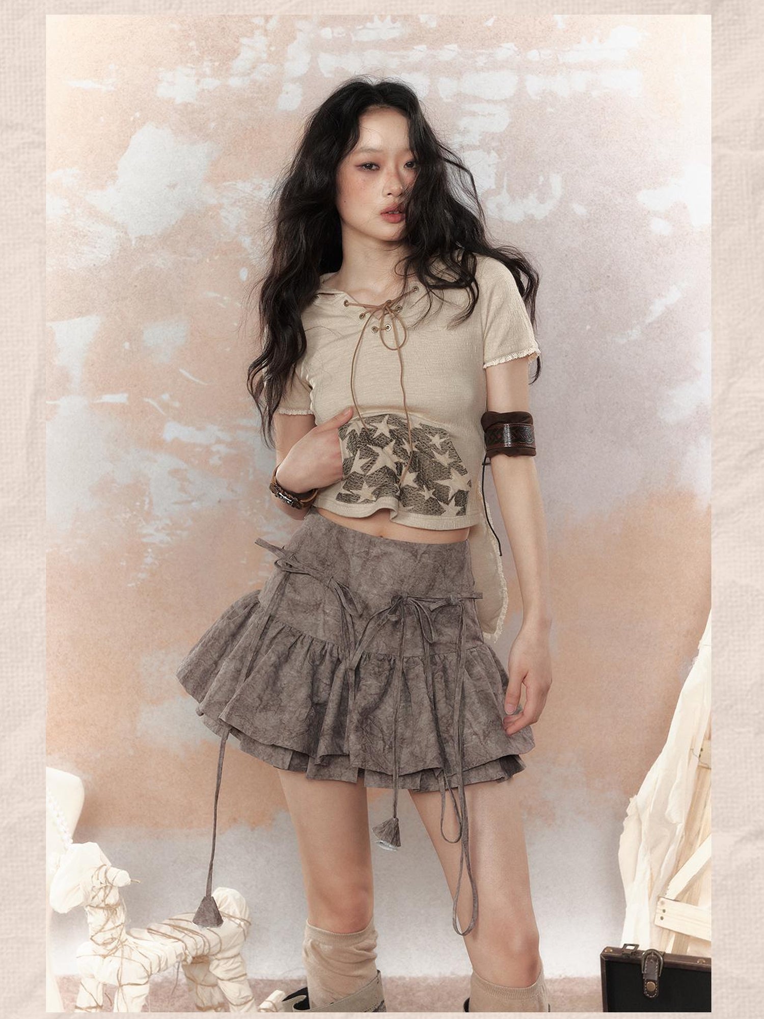 ALL iN plan Steampunk Rivet Skirt Distressed Lace Hem