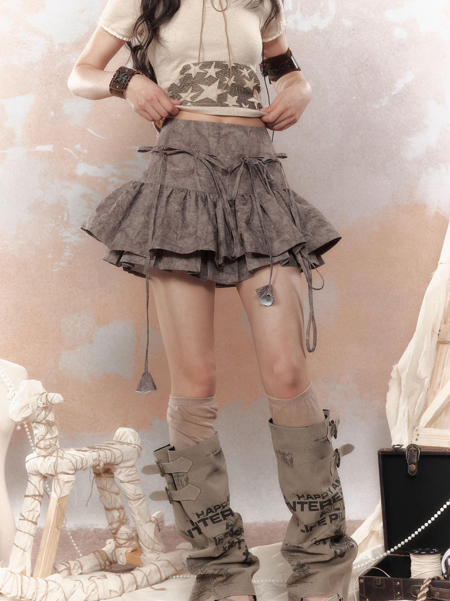 ALL iN plan Steampunk Rivet Skirt Distressed Lace Hem