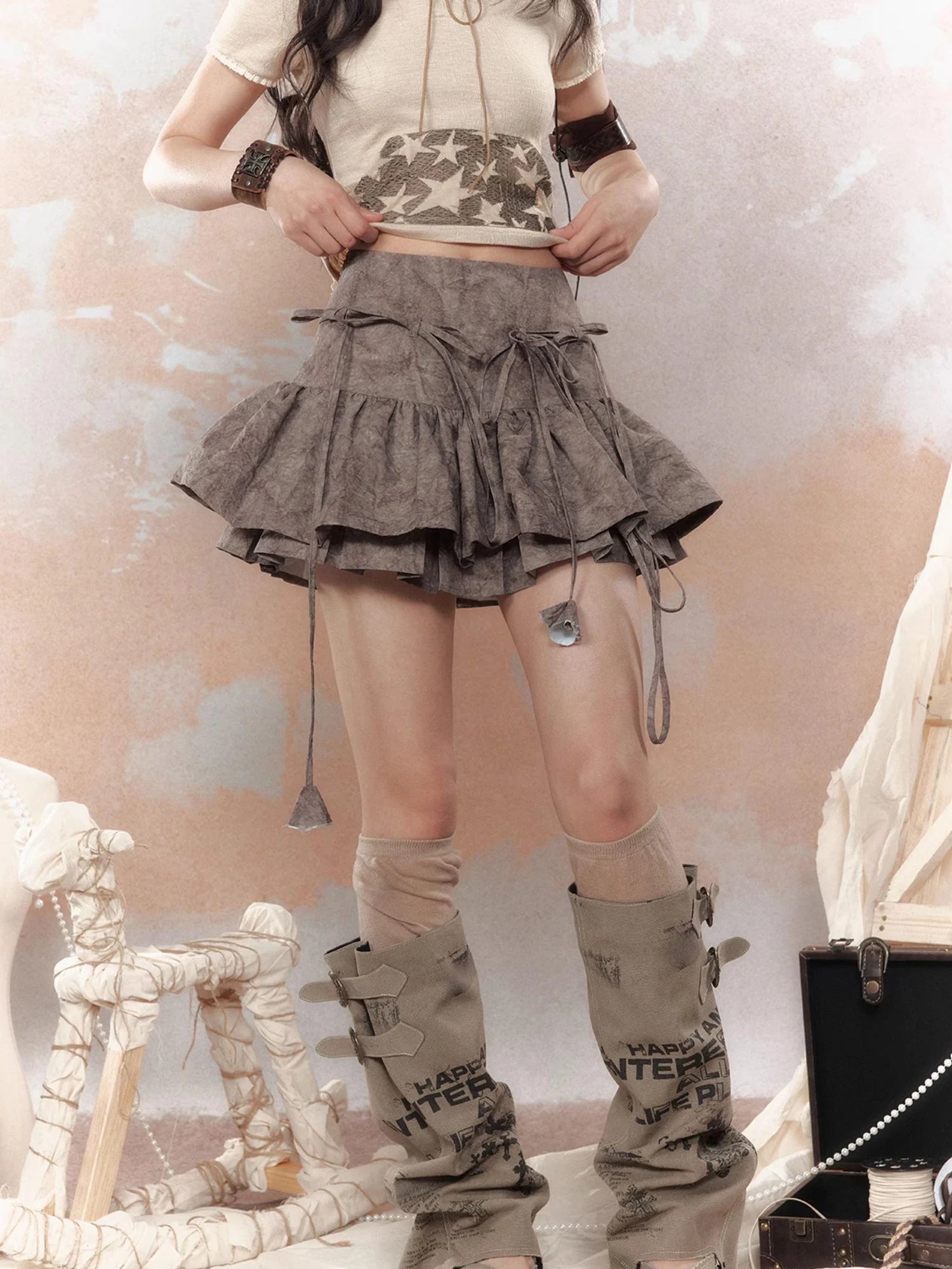 Steampunk Rivet Skirt Distressed Lace Hem